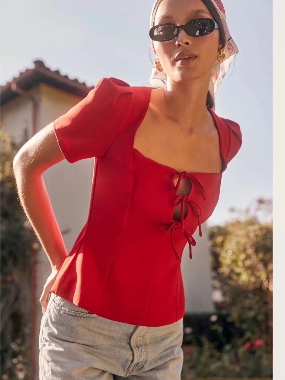 Astr Red Square Neck Tie-Front Puff Sleeve Top